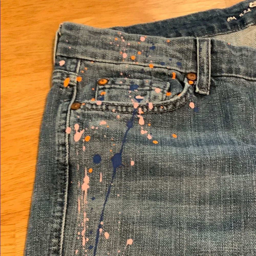 7 For All Mankind Blue Straight Leg Jeans with Paint Splatter